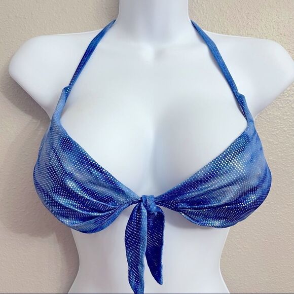 Vintage Studio 90’s Bikini Top Shimmer Blue Tie Front Size 9/10 - Picture 1 of 13